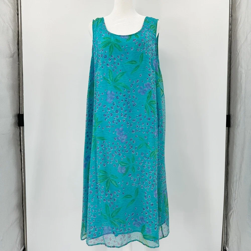 Robbie Bee 2 Piece Silk Dress Set Maxi Duster Teal Floral 18W Vintage 90's